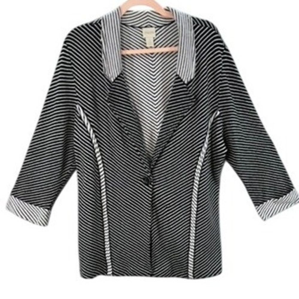 Chico's Knit Blazer Women 3 XL Black White Diagonal Stripe Silk Blend 3/4 Sleeve